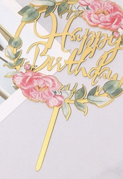 Torten Topper - Happy Birthday - Gold Blumen